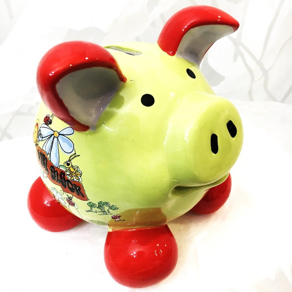 * Swiggle German Viel Gluck Ceramic Yellow Red  Piggy Bank